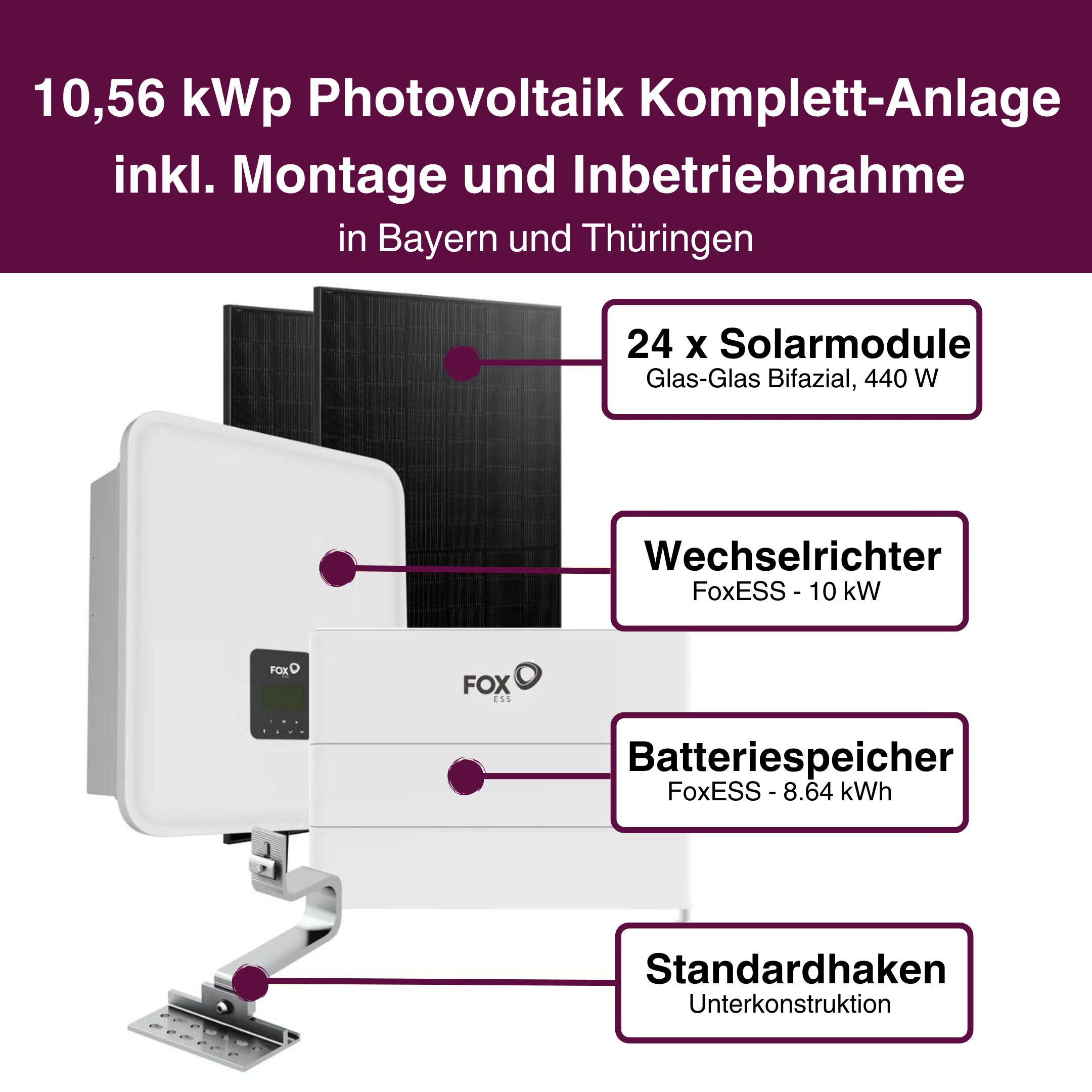 Photovoltaikanlage-Gesamtpaket inkl. Montage: FoxESS mit Unterkonstruktion (inkl. Smartmeter) 